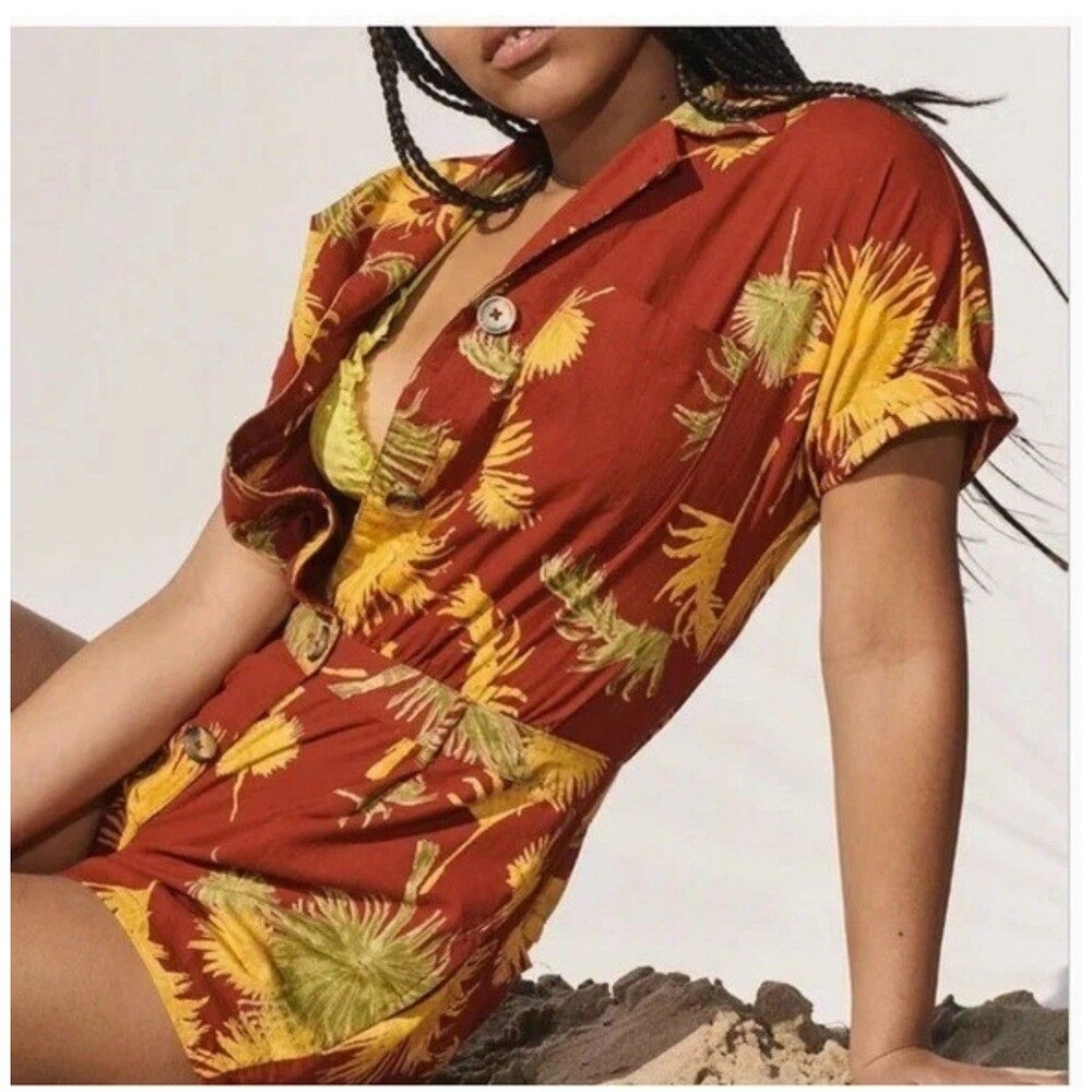 Free People Women's Malibu Romper Size S Red Tropical Palm Print Short Sleeve